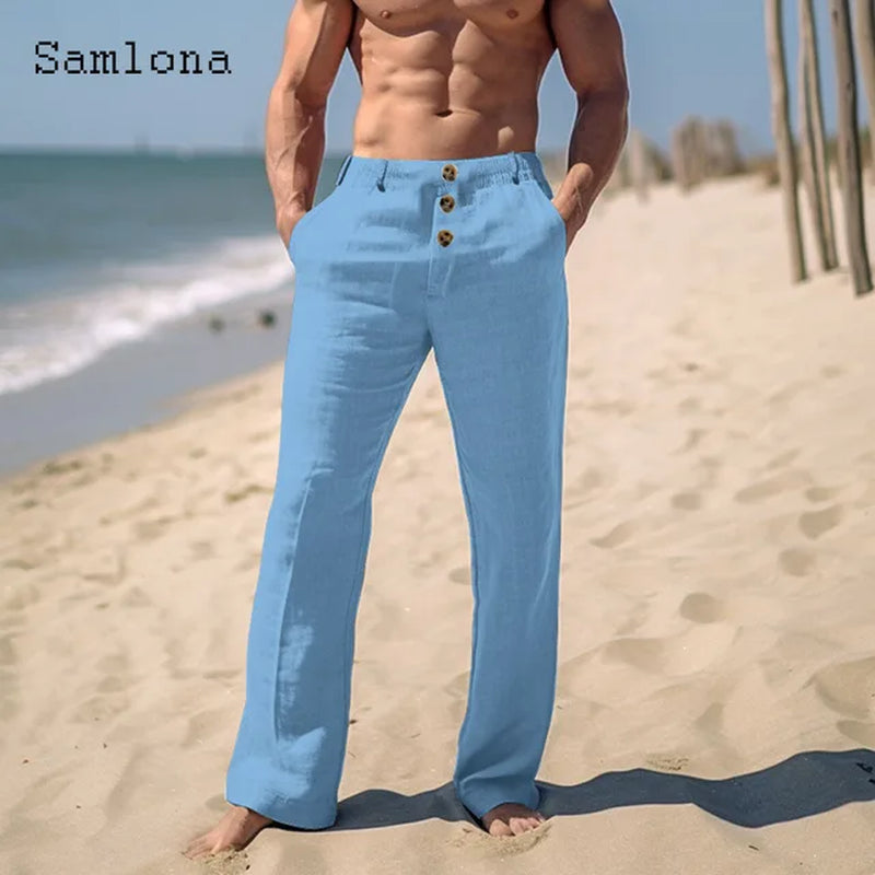 2024 Men Elegant Triple Buttons Cotton Linen Pants Solid White Full-Length Trouser plus Size Mens Casual Drawstring Sweatpants