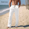 2024 Men Elegant Triple Buttons Cotton Linen Pants Solid White Full-Length Trouser plus Size Mens Casual Drawstring Sweatpants
